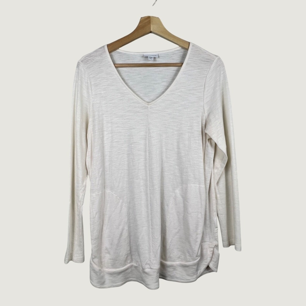 J. Jill Top Womens S Petite Ivory V-Neck Long Sleeve Slub Knit Cotton Stretch